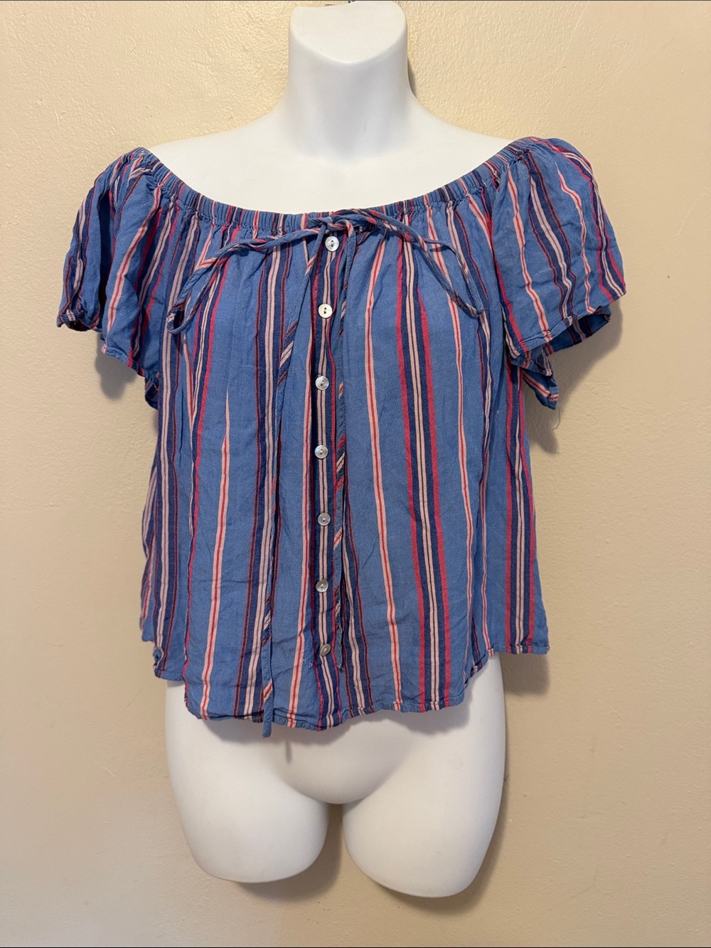 Express Blue Off-Shoulder Striped Button Front Crop Top